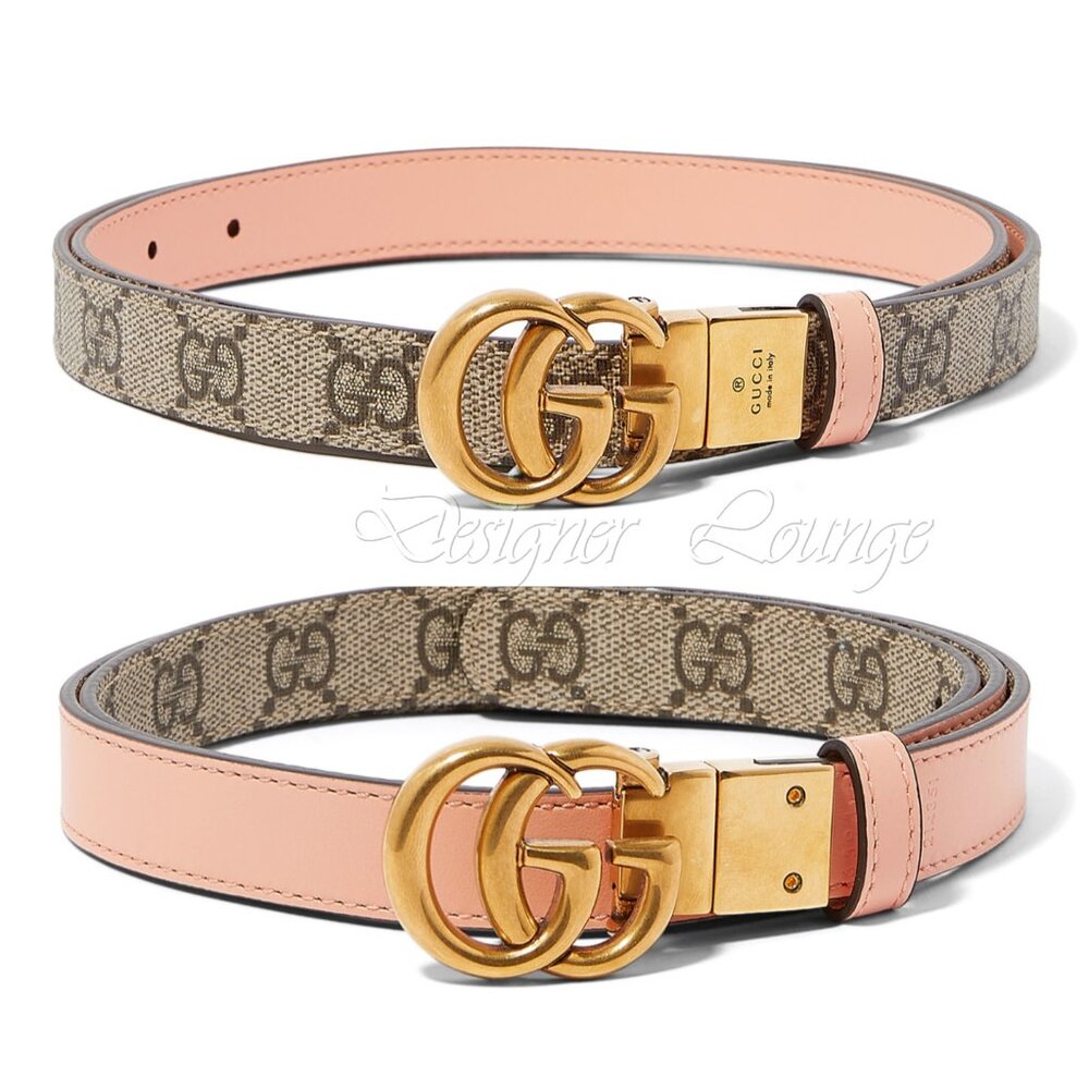 NEW GUCCI GG Supreme Canvas Peach Leather Marmont Reversible Belt Size 90 / 36